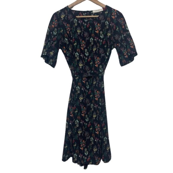 ROKOKO | Black Floral Short Sleeve Tie Waist Knee Length Dress | Size S - Picture 1 of 10